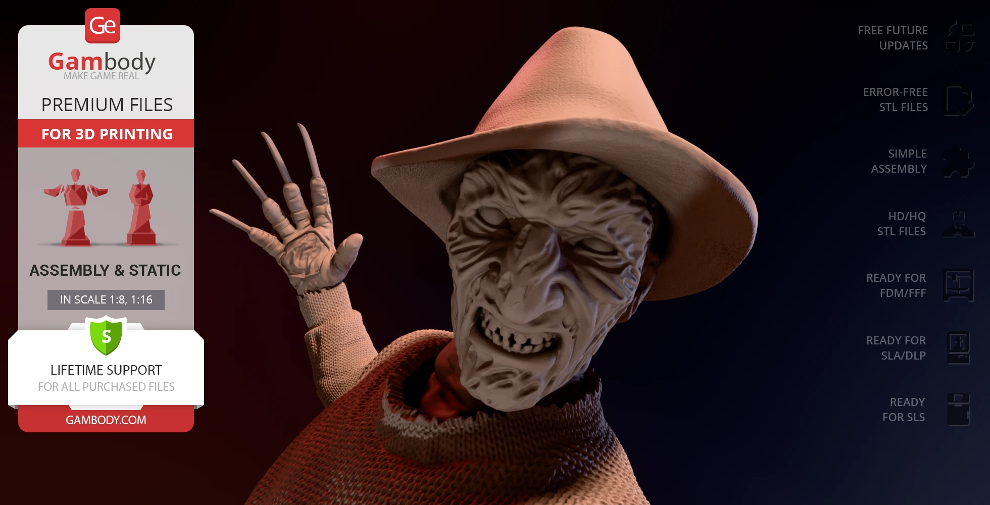 3D model of a menacing figure with a fedora and glove with blades, ideal for 3D printing.