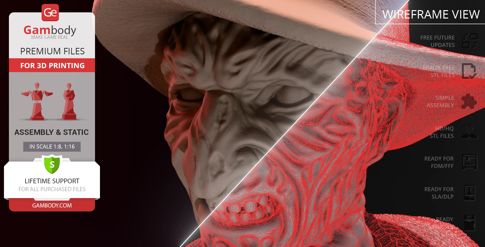 Freddy Krueger 3D model with a detailed textured and wireframe view, ready for 3D printing from Gambody.