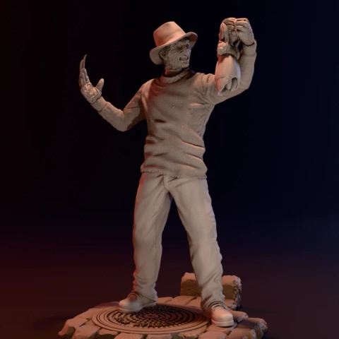 A detailed 3D model of a textured character in a hat, holding an object, with a sinister expression.