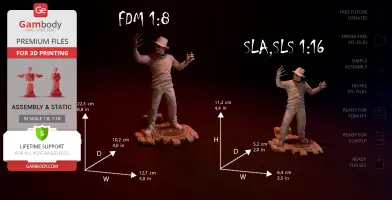 A 3D model of a clawed figure in a hat, posed on a decorative base, available for 3D printing at two scales.