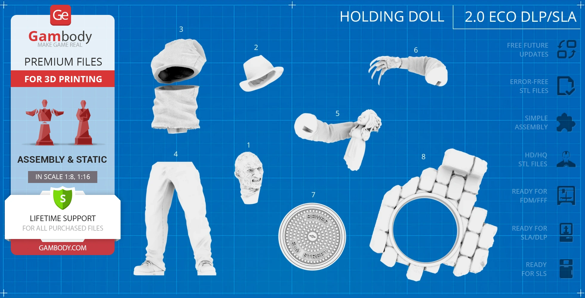 3D printed model parts of Freddy Krueger, including a head, hat, glove, limbs, and accessories on a blueprint.