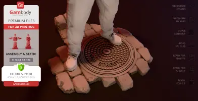 3D model base showing shoes standing on a detailed street manhole cover and cobblestones.