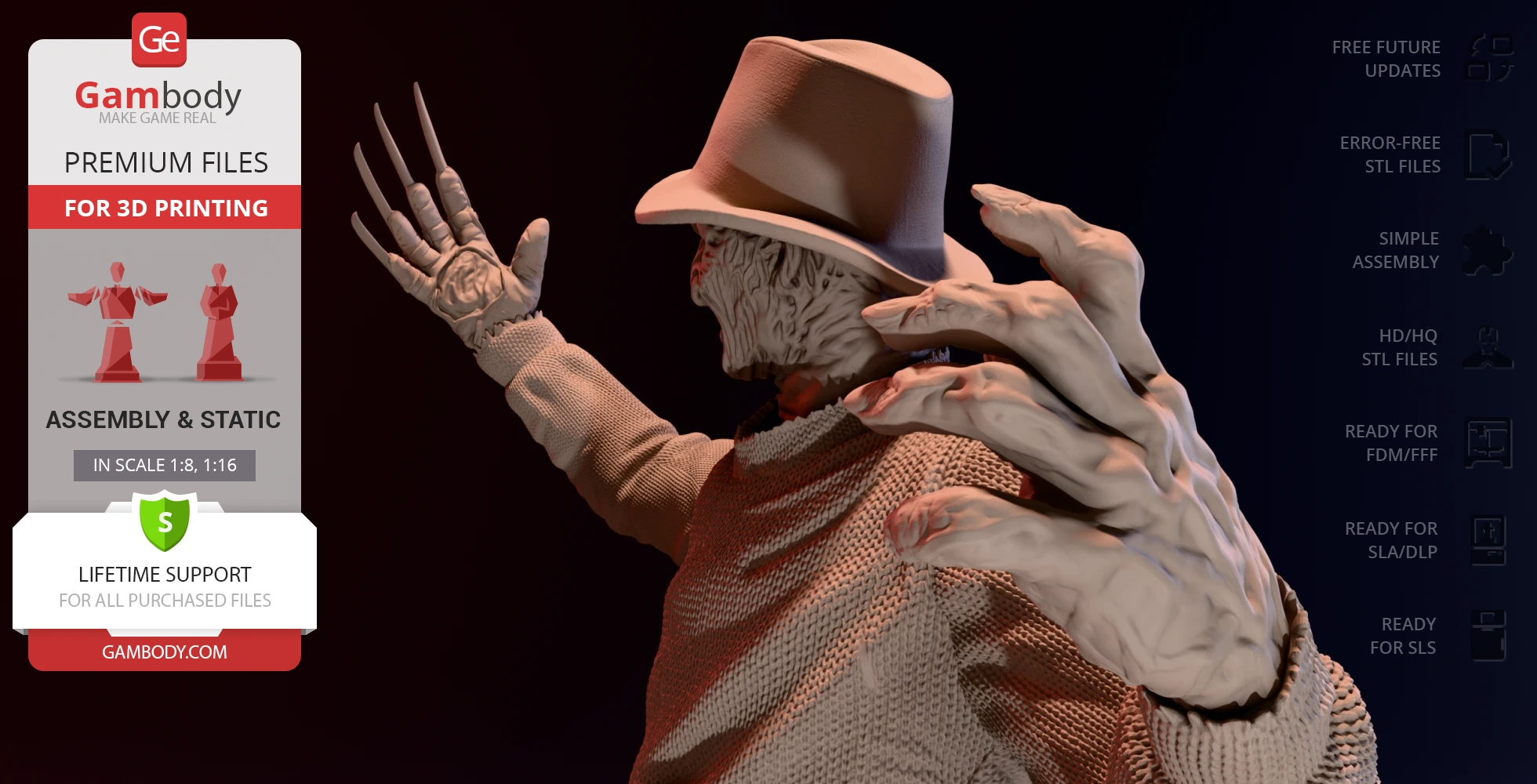 3D model of a horror character with a hat and clawed gloves, shown for 3D printing by Gambody.