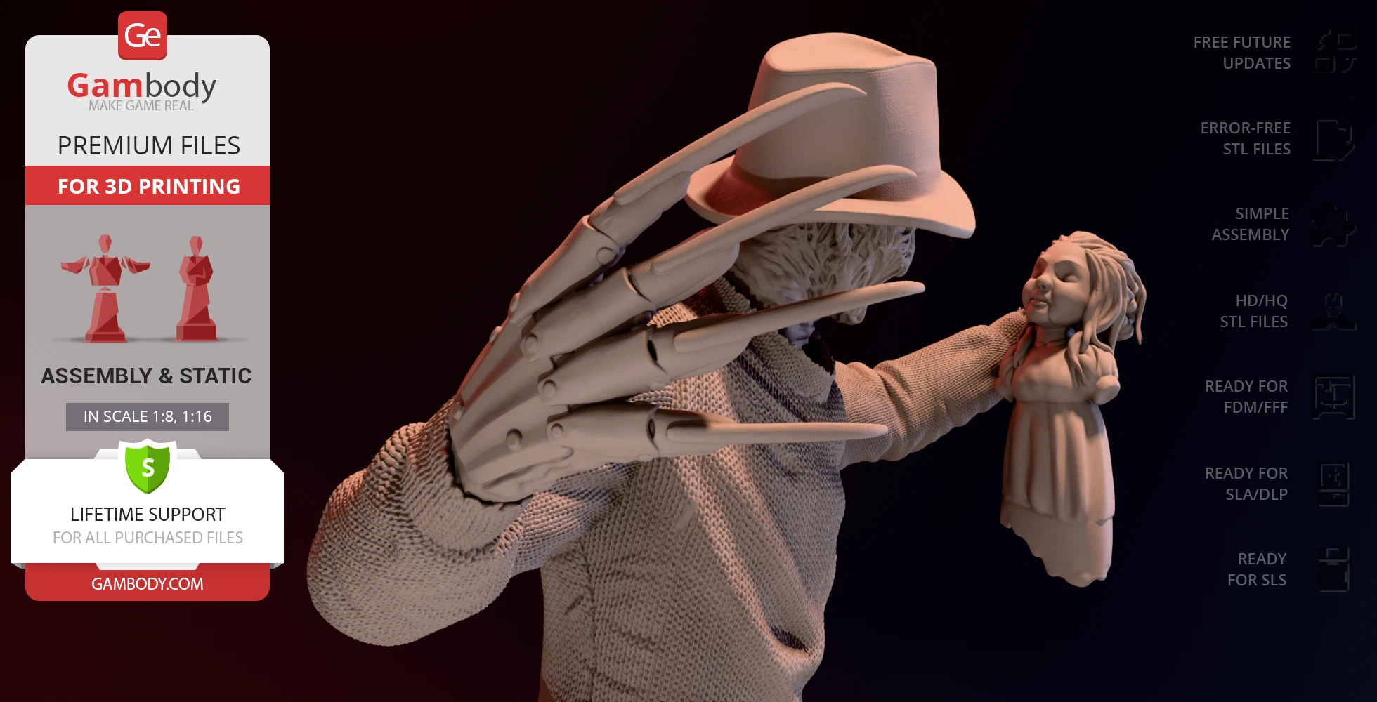 Creepy 3D model of a character in a hat with clawed glove holding a doll, suitable for 3D printing.