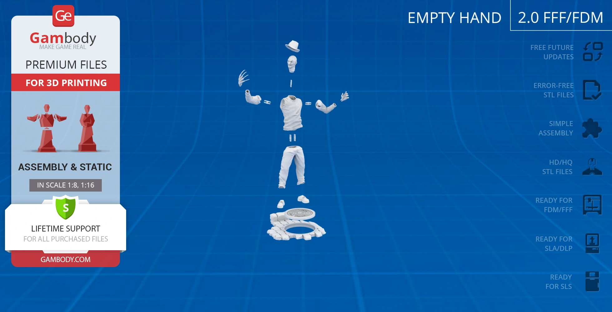 A disassembled 3D model of a horror character with a hat, sweater, pants, shoes, and glove parts floating.