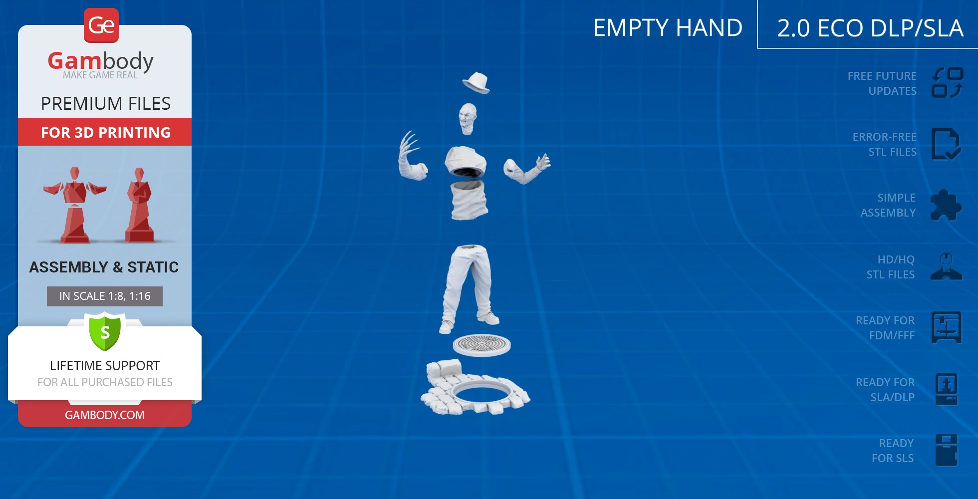 Floating 3D model parts of a character with claws and a hat, ready for assembly and 3D printing.