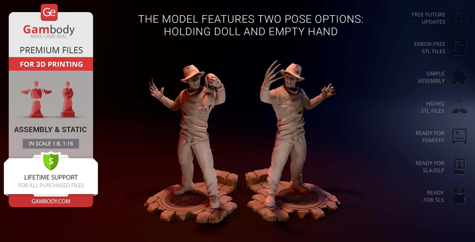 3D models of a horror character with claw glove, two poses: one holding a doll, the other with an empty hand.