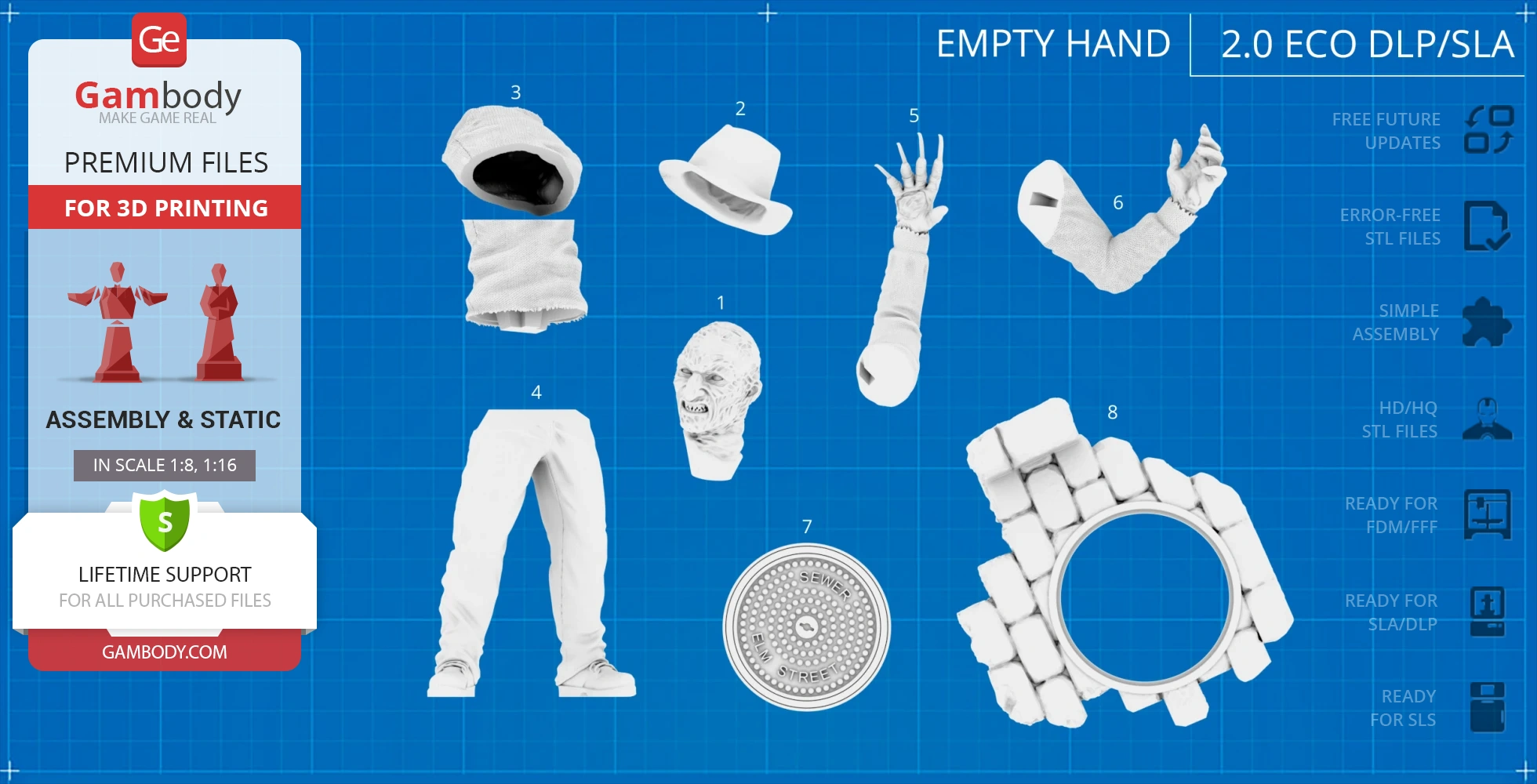 Freddy Krueger 3D model parts for printing, showing head, hands, torso, legs, hat, arm details, and base.