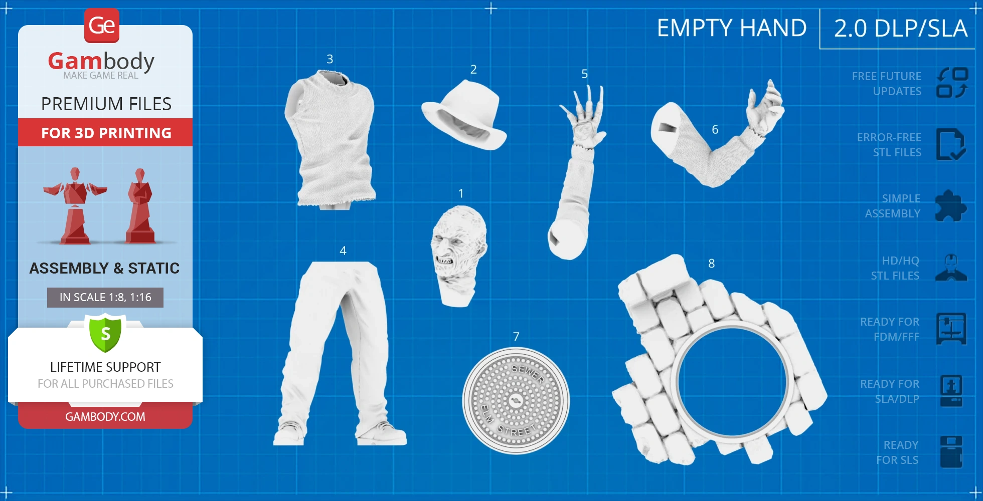 3D printing parts of a horror character, including head, torso, hat, arms, pants, and sewer cover base.