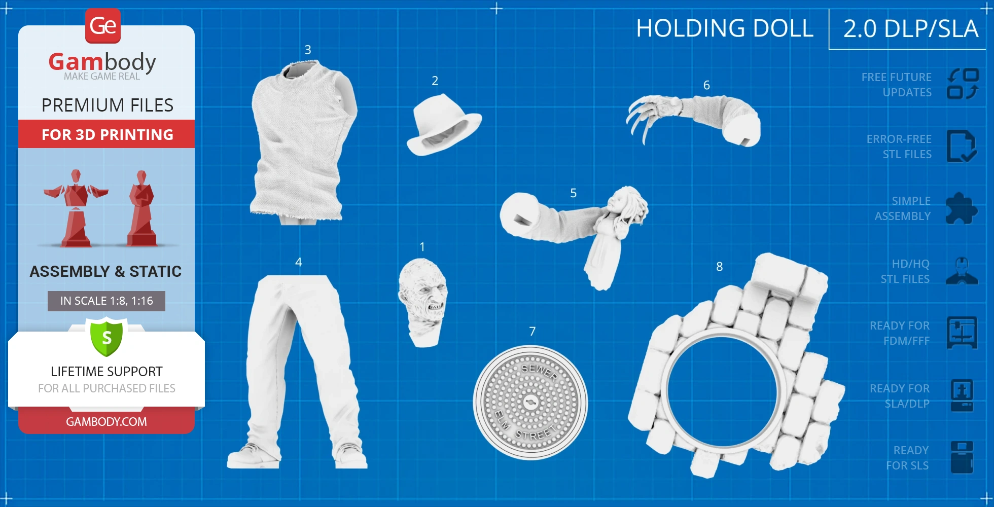 3D printing model parts for a Freddy Krueger figure, including head, torso, hat, and glove.