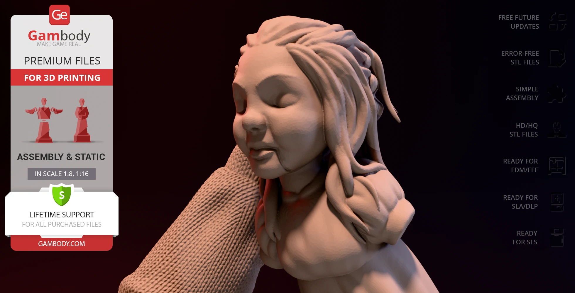 A 3D printed bust of a woman with closed eyes and flowing hair, showing detailed texture.