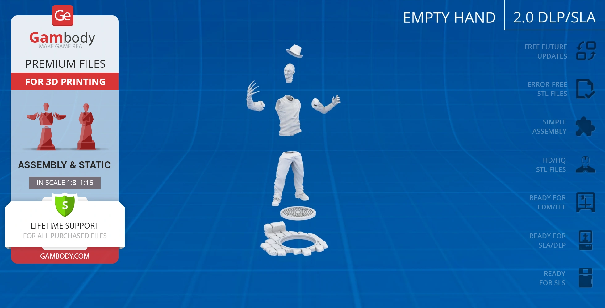 Disassembled 3D model of a horror figure with hat, sweater, and clawed hand, on a blue grid background.