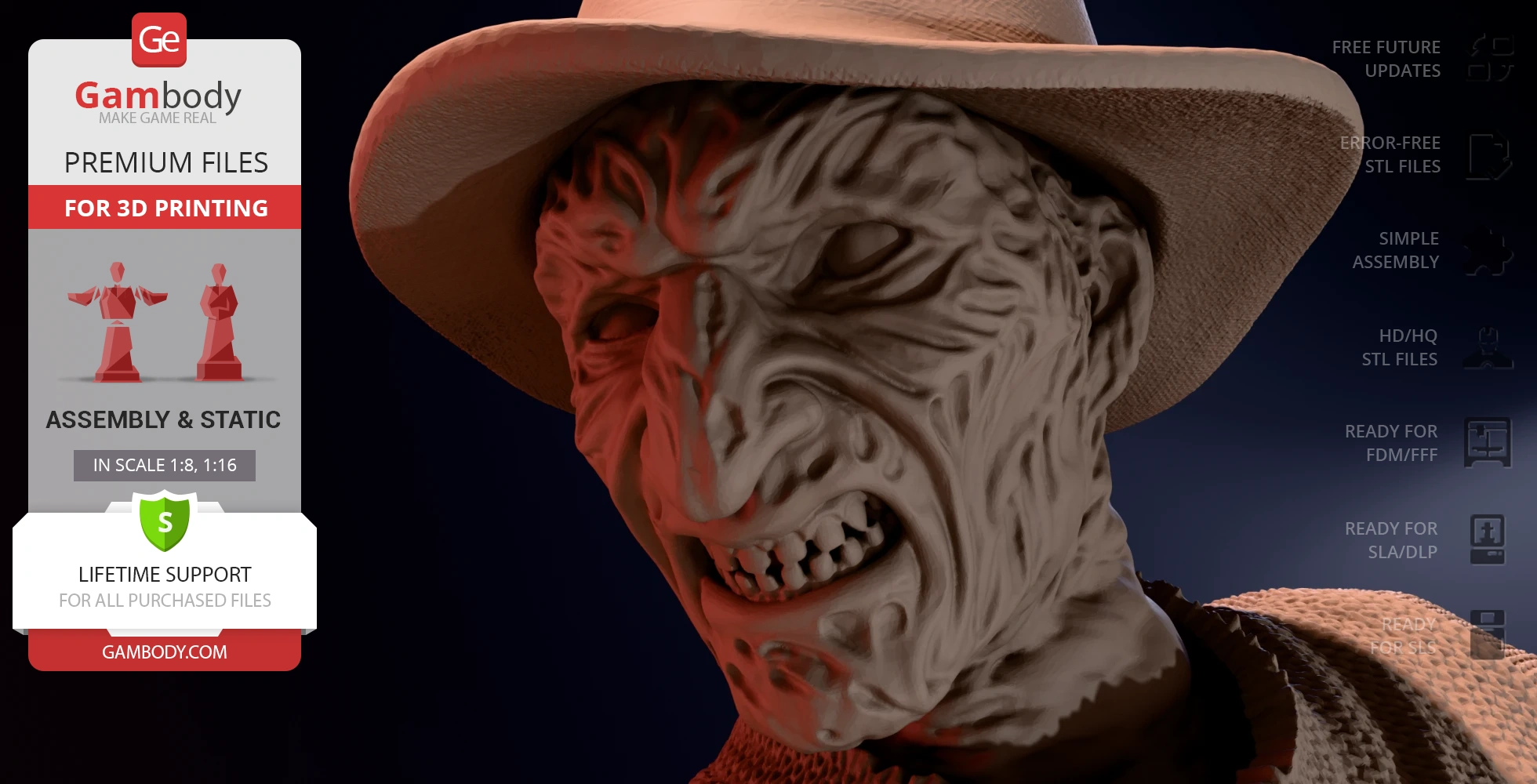 Creepy 3D model of a scarred figure wearing a hat, designed for 3D printing.