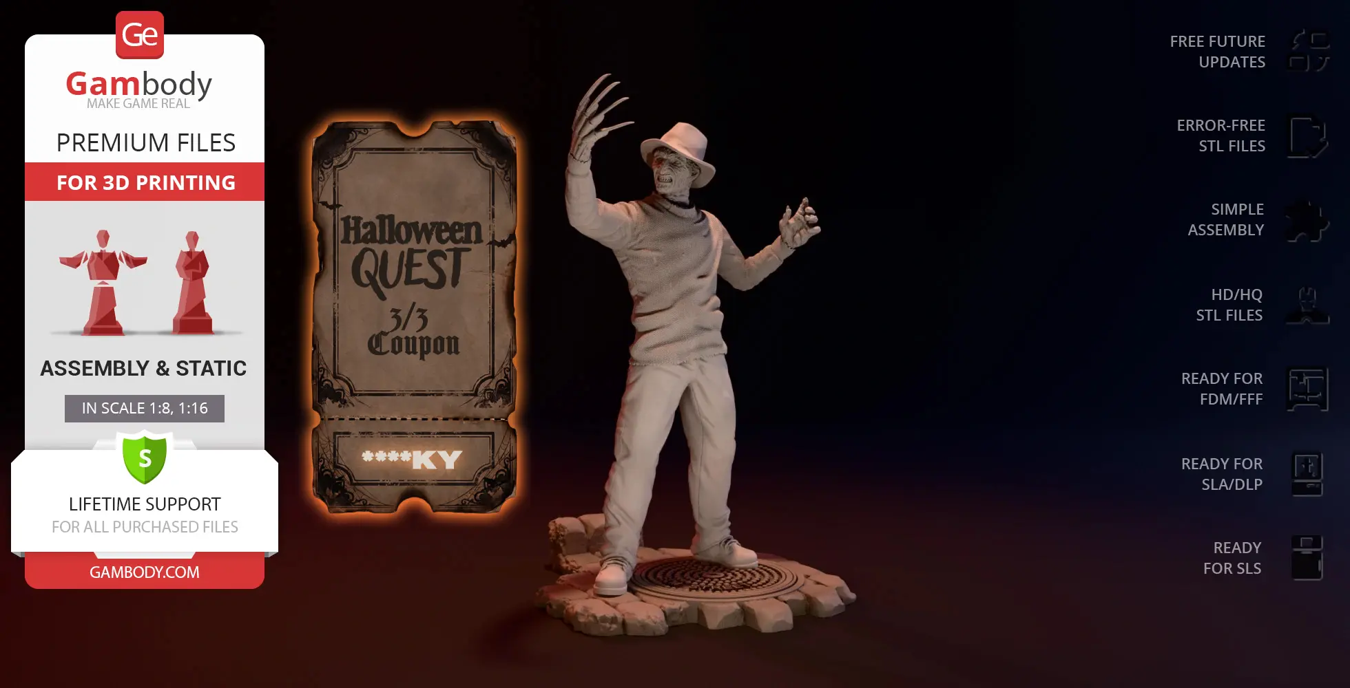 A detailed 3D model of a horror character with hat and clawed glove, posed menacingly on a base.