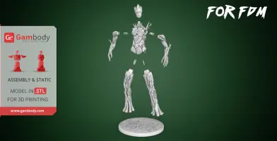 A 3D model of Adult Groot in separate STL parts for assembly and printing on a circular base.