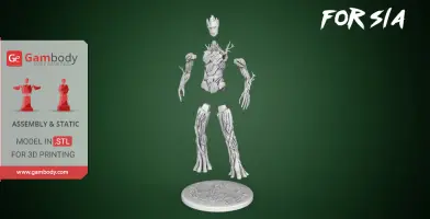 A disassembled 3D model of a tree-like humanoid character for printing, shown with base and STL format labeling.