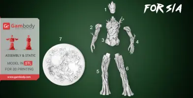 3D printable model of Adult Groot from Marvel, shown in assembly parts on a green background.