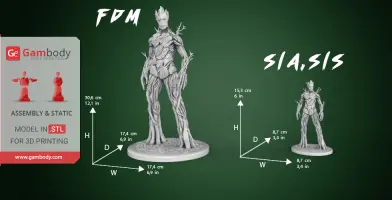 3D model of Adult Groot, detailed for printing, with measurements shown for two sizes.