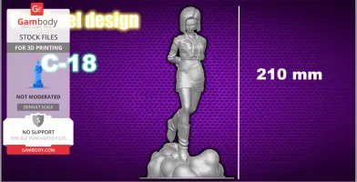 A 3D model of a character in a jacket and skirt, standing on a cloud-like base, 210 mm tall.