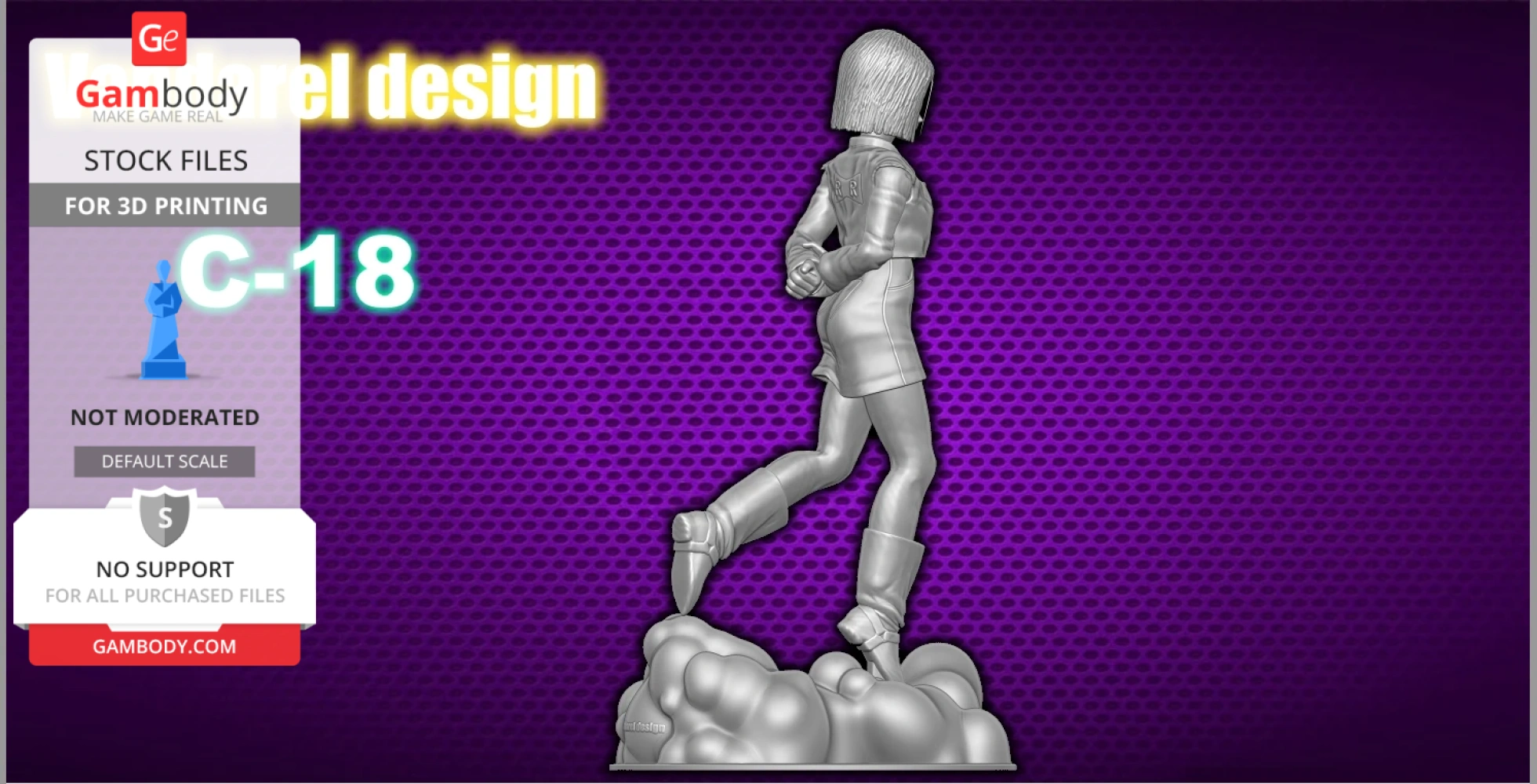 A 3D model of a character with short hair, in a dynamic pose, standing on cloud-like base.
