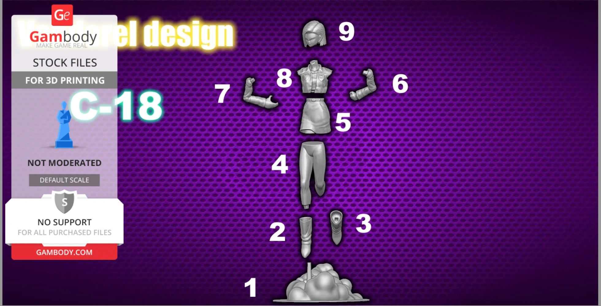 3D model assembly diagram for an android figure with numbered parts on a purple background.