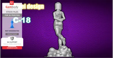 A 3D model of a figure standing on a cloud-like base, arms crossed, in a skirt and boots, against a purple backdrop.