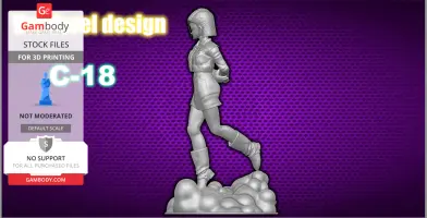 A 3D model of a futuristic character in a dynamic pose, standing on a cloud-like base.