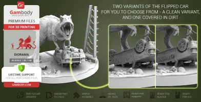 T. Rex diorama with flipped car options, one clean and one dirt-covered, for 3D printing.