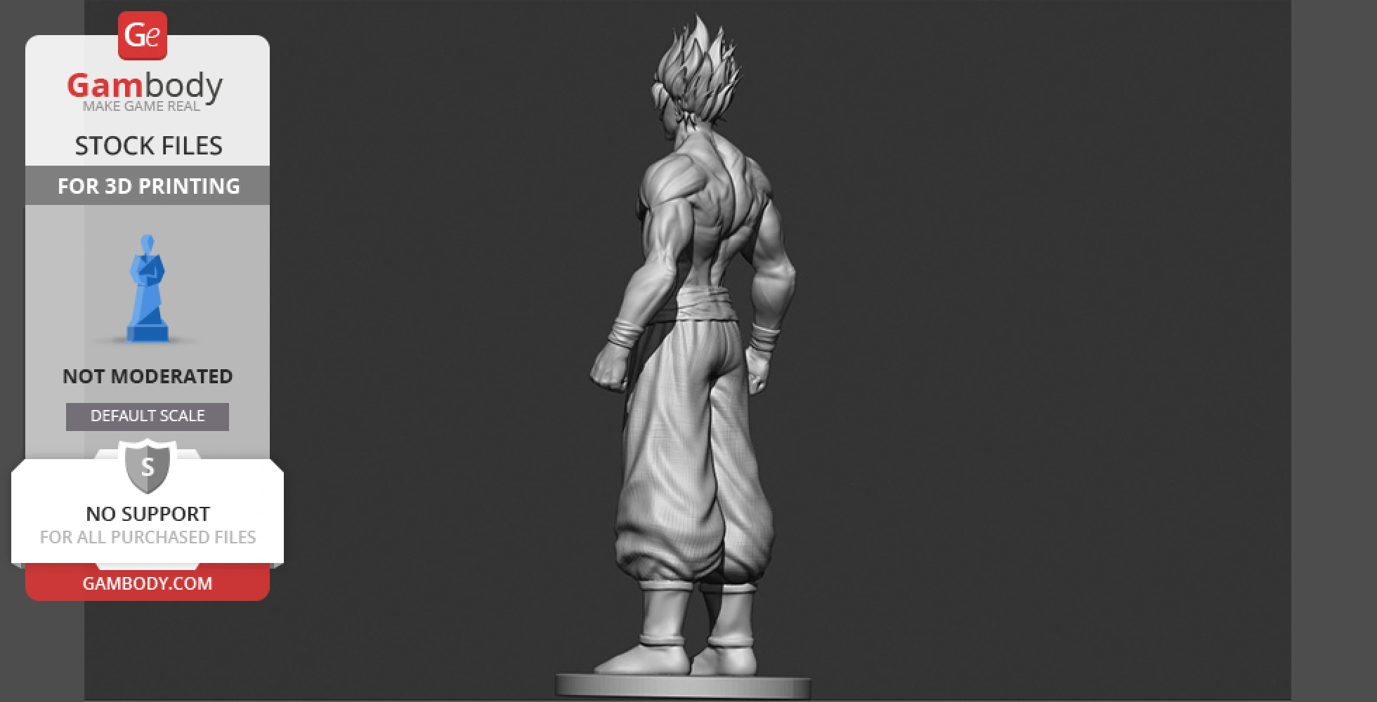 3D model of a muscular character with spiky hair, standing in a confident pose, viewed from the back.