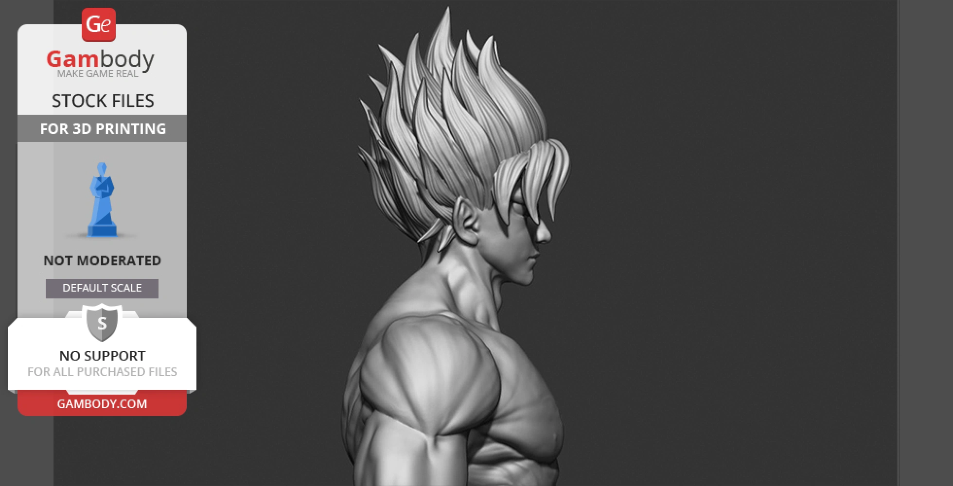 A muscular figure with spiky hair in a dynamic pose, designed for 3D printing.