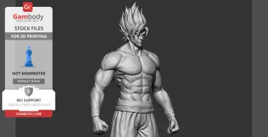 A muscular 3D model character with spiky hair, arms flexed, and wearing loose pants, designed for 3D printing.