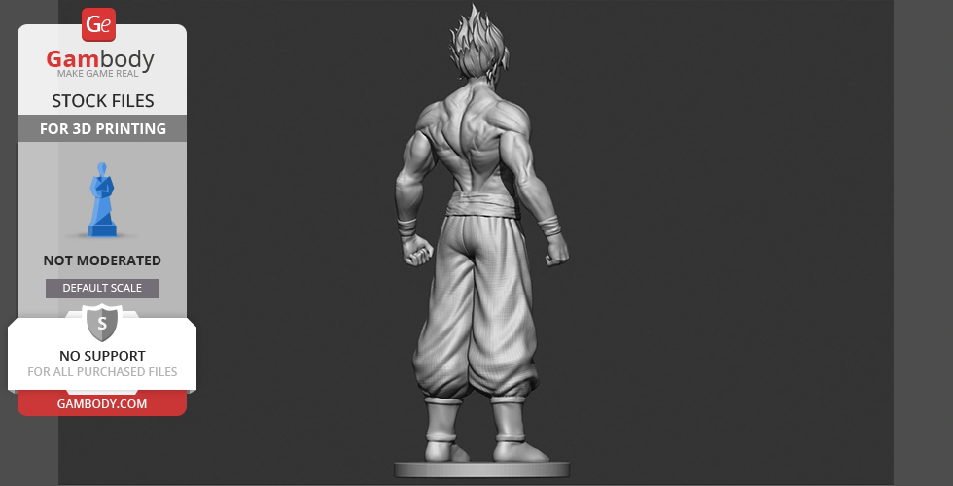 3D model of a muscular character with spiky hair, standing confidently, arms at sides, on a round base.