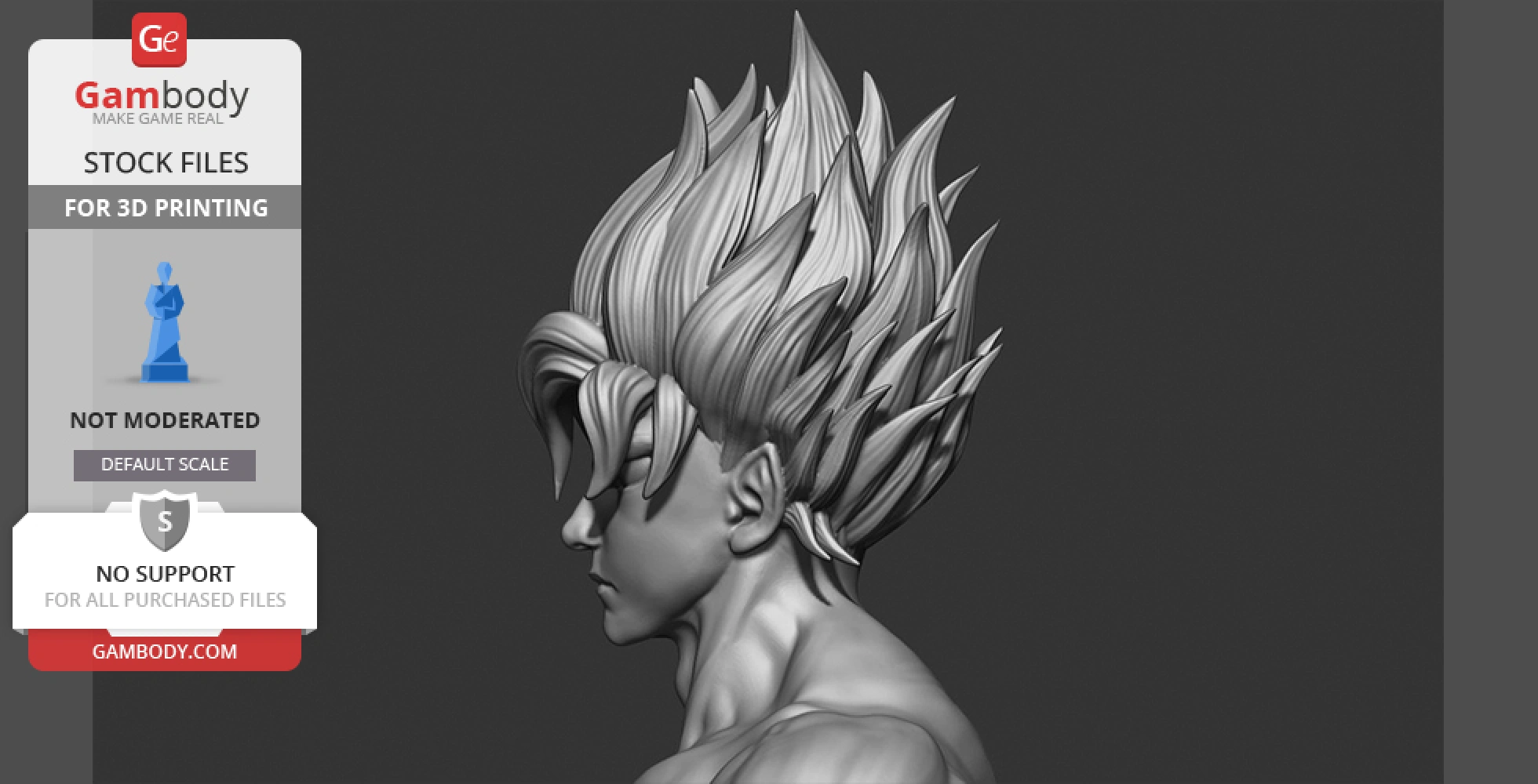 3D model of a character with spiky hair in profile view, designed for printing.