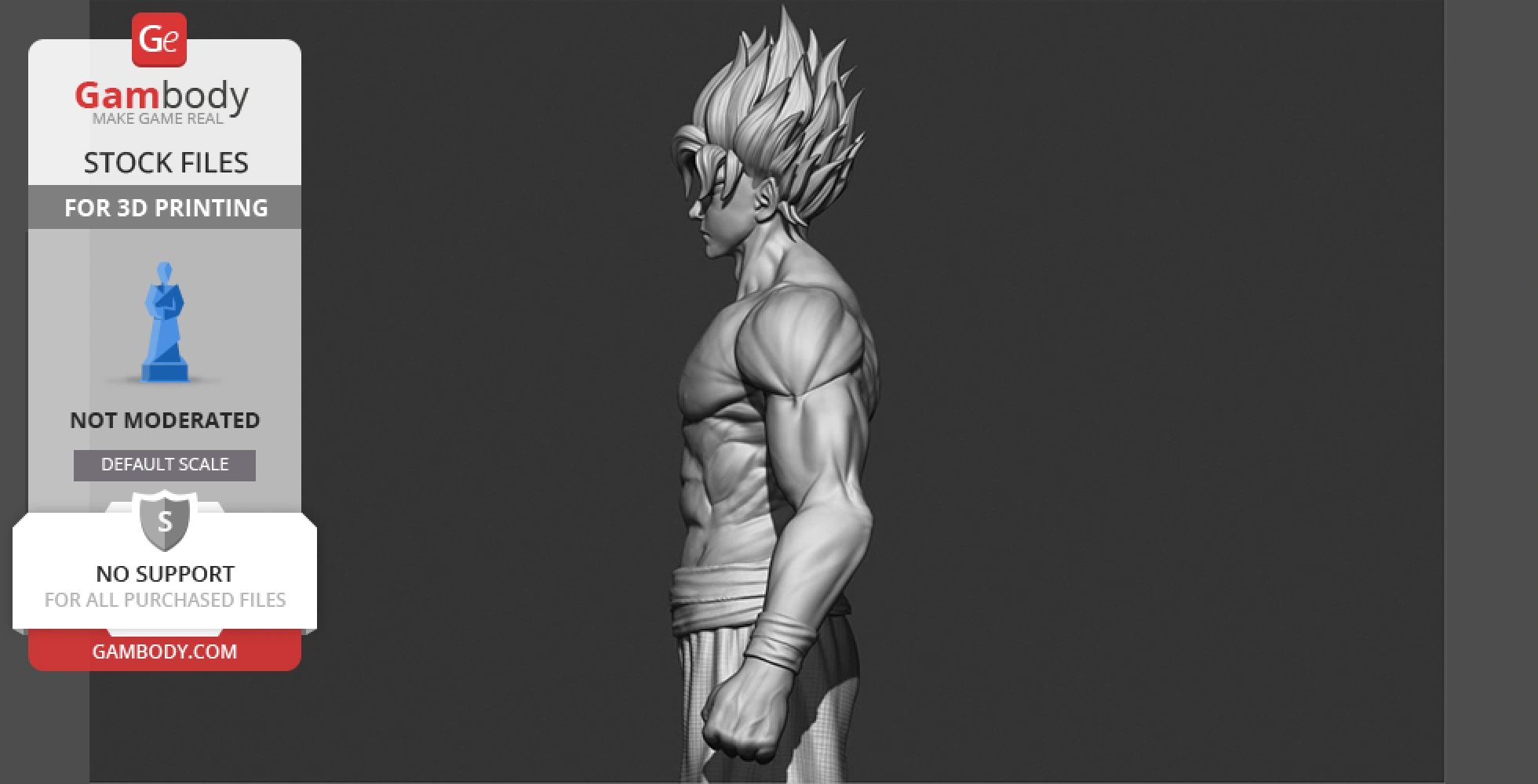 3D model of a muscular figure with spiky hair, standing side view, intended for 3D printing.