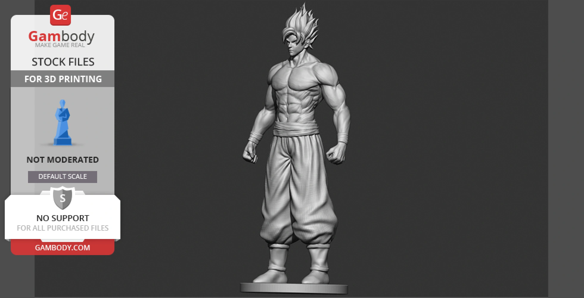 3D model of a muscular figure with spiky hair, wearing loose pants, standing on a circular base.