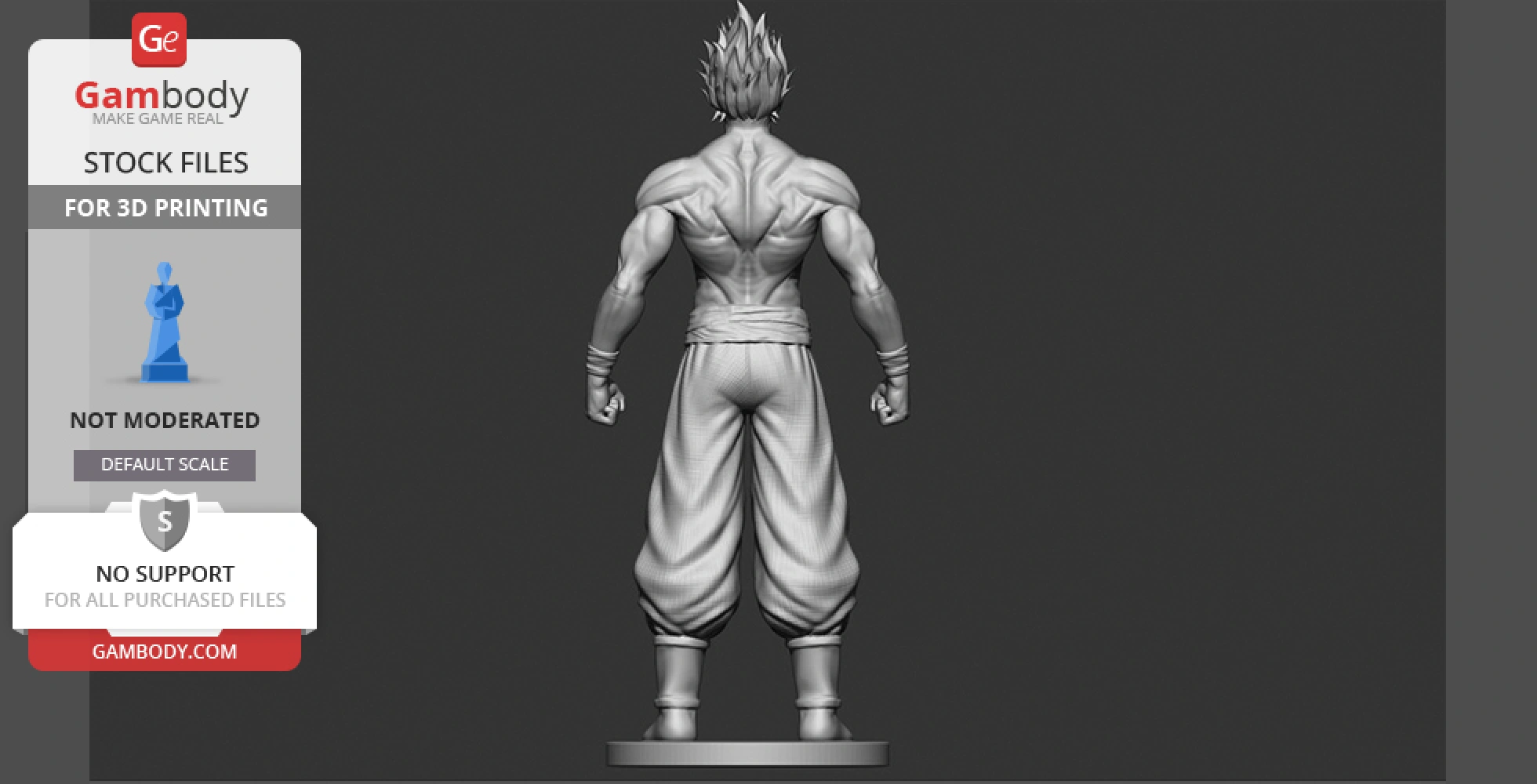 3D model of a muscled character with spiky hair in a fighting stance, viewed from the back.