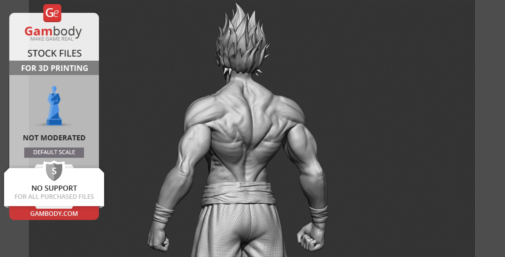 A 3D model of a muscular character with spiky hair, viewed from the back, designed for 3D printing.