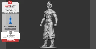 3D model of a muscular figure with spiky hair, wearing loose pants, standing on a circular base.