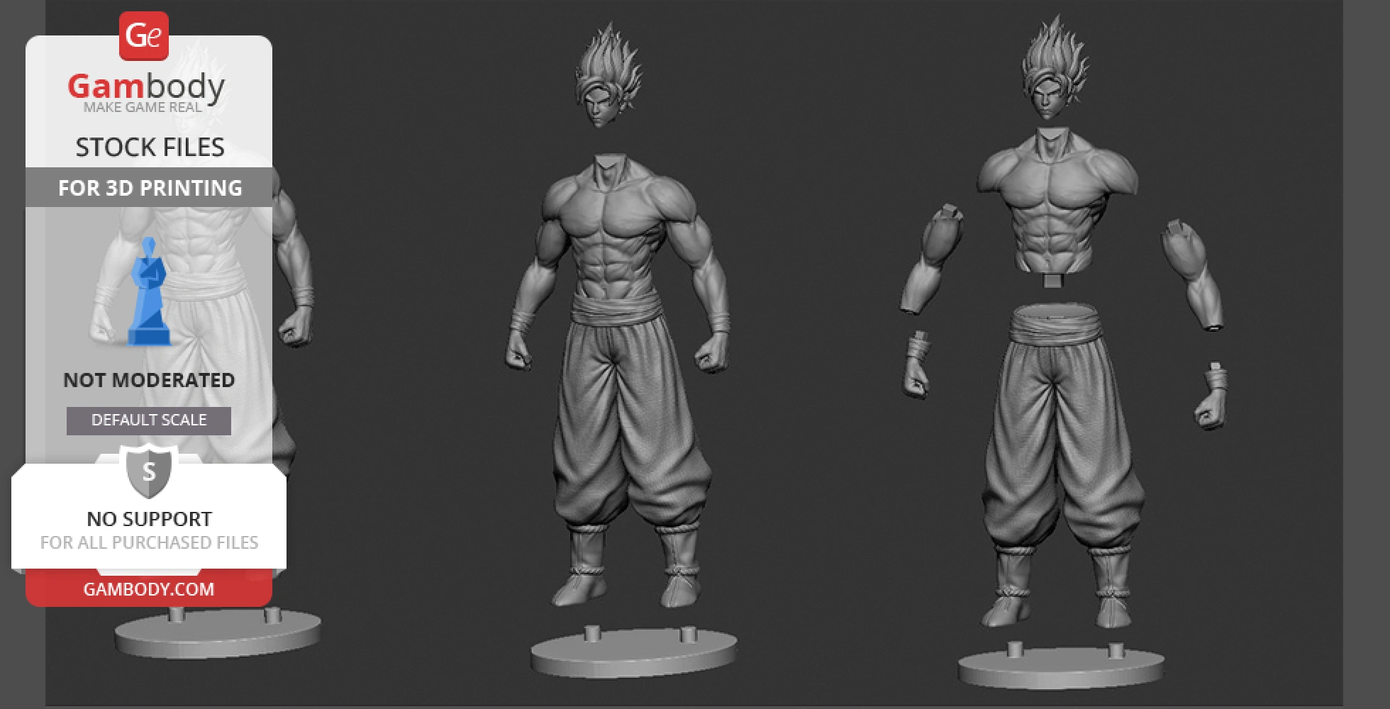 A 3D model of a muscular character with spiky hair, separated into parts for 3D printing.