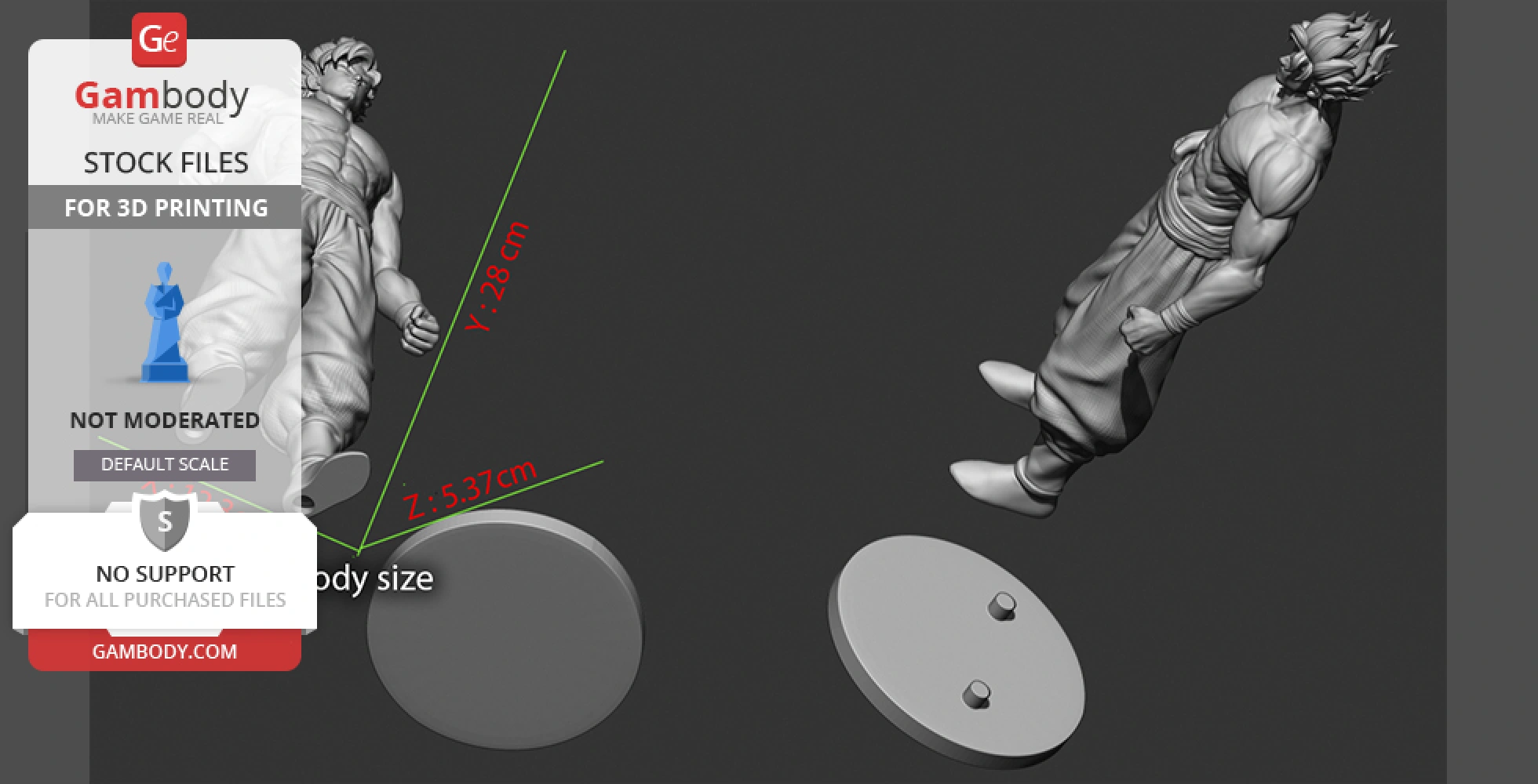 3D model of a muscular figure with spiky hair and a martial arts stance, displayed with printing dimensions.