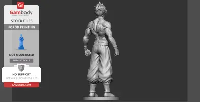 3D model of a muscular character with spiky hair, standing confidently, arms at sides, on a round base.