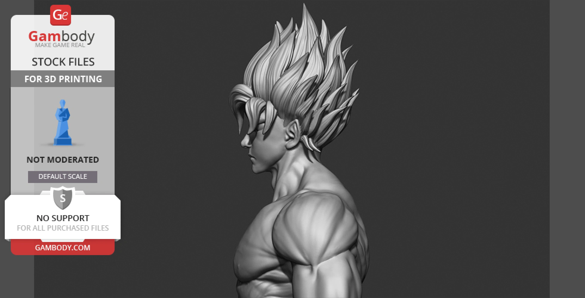 3D print model of a muscular character with spiky hair, viewed from the side.