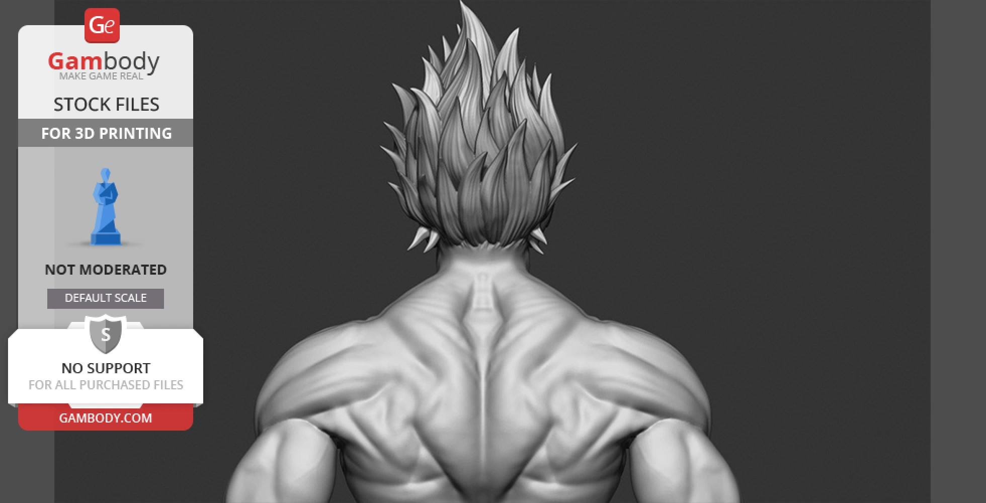 Back view of a muscular figure with spiky hair, designed for 3D printing, unpainted gray model.