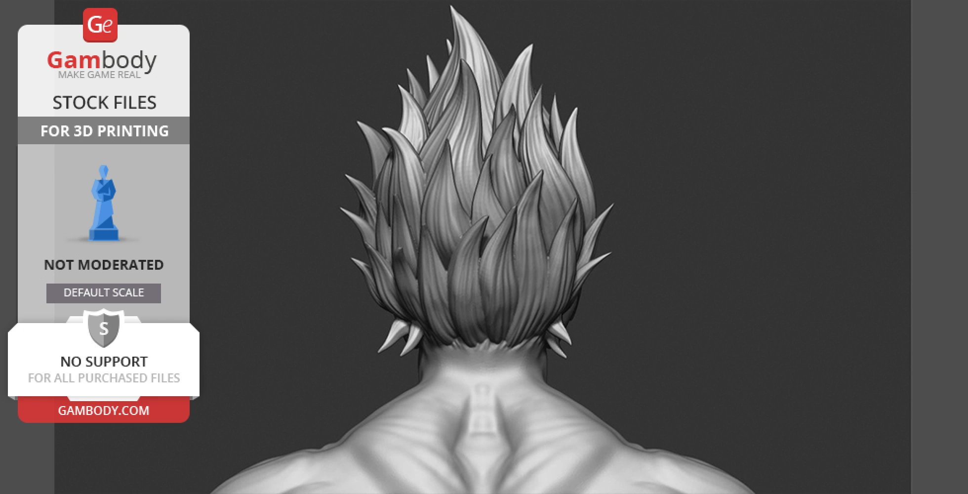 Back view of a 3D model of a figure with spiky hair, muscular back, designed for 3D printing.