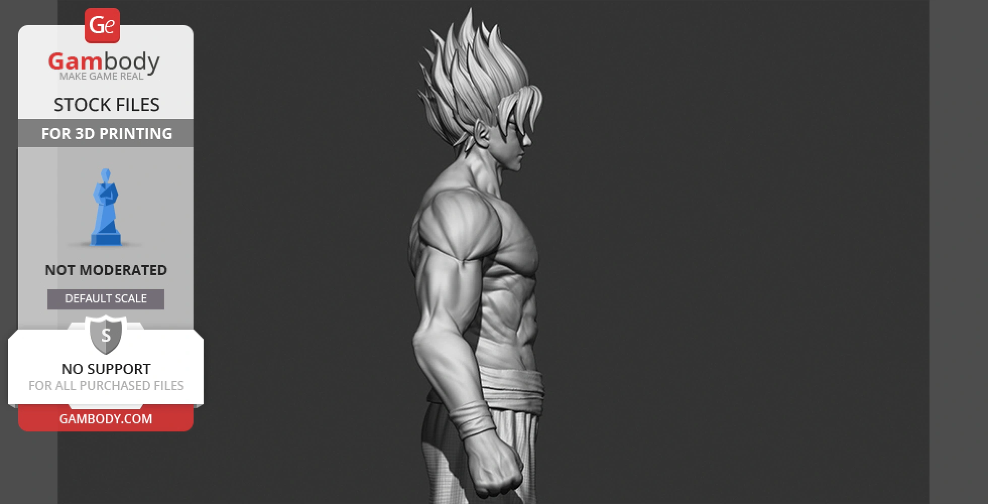 3D model of a muscular character with spiky hair, viewed from the side, designed for 3D printing.