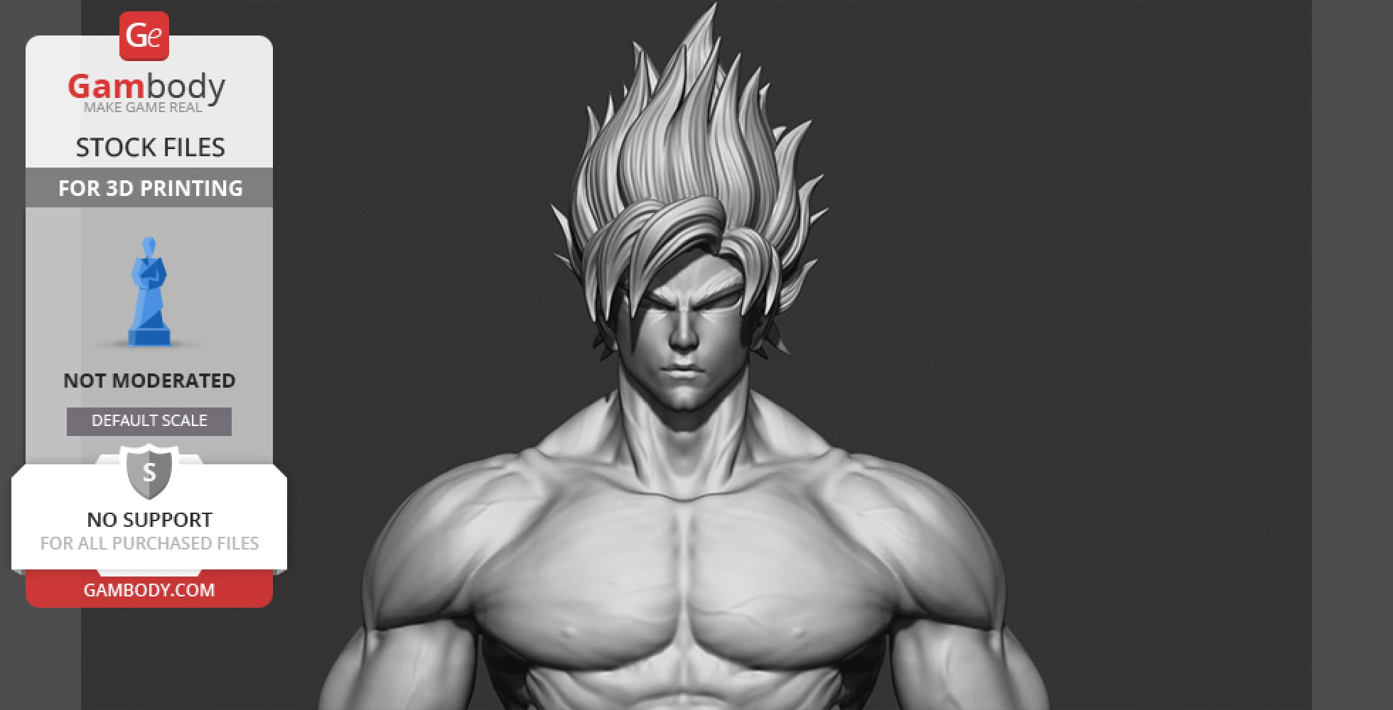 3D model of a muscular figure with spiky hair, intended for 3D printing.