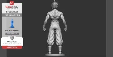 3D model of a muscled character with spiky hair in a fighting stance, viewed from the back.