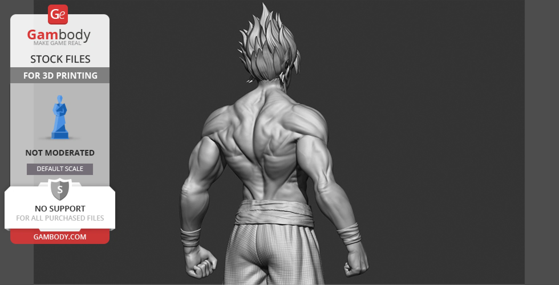 Muscular character in a martial arts stance, spiky hair, viewed from behind for 3D printing.