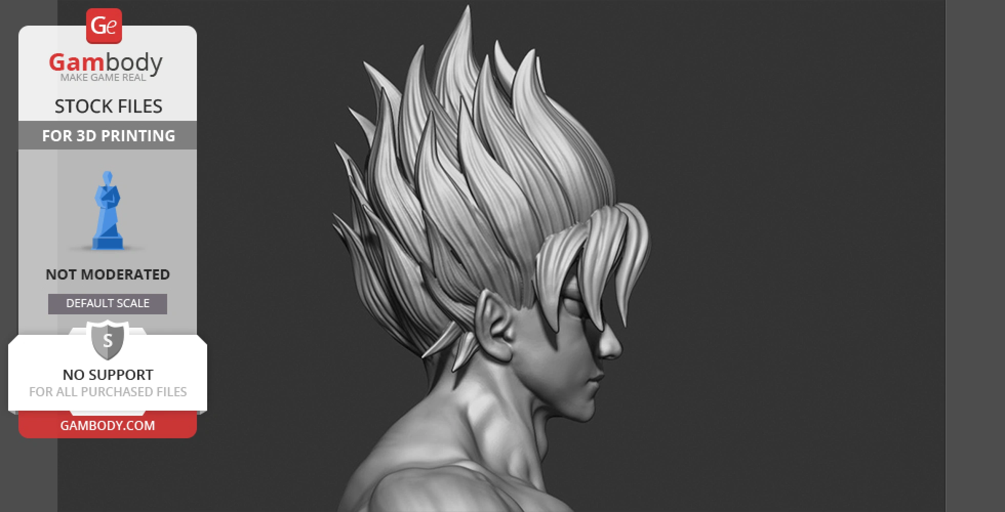 3D render of a muscular character with spiky hair, side view, for 3D printing.