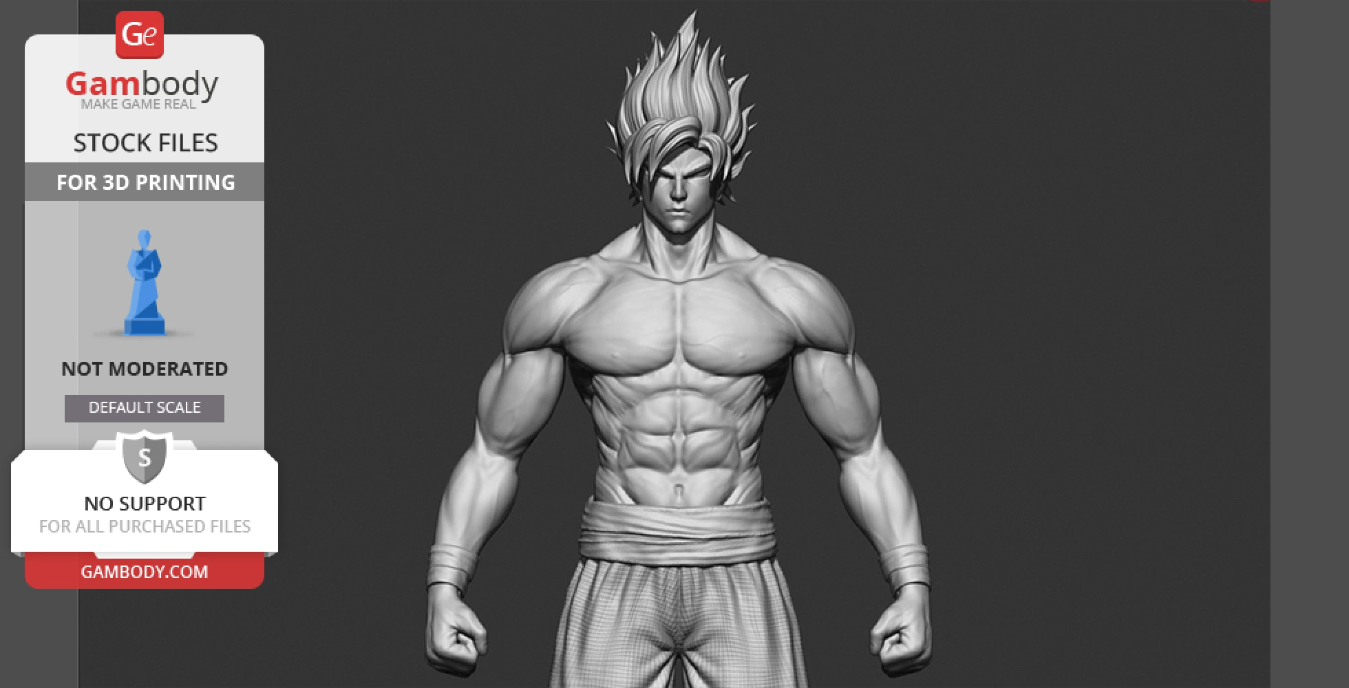 3D model of a muscular figure with spiky hair, standing with clenched fists, designed for 3D printing.
